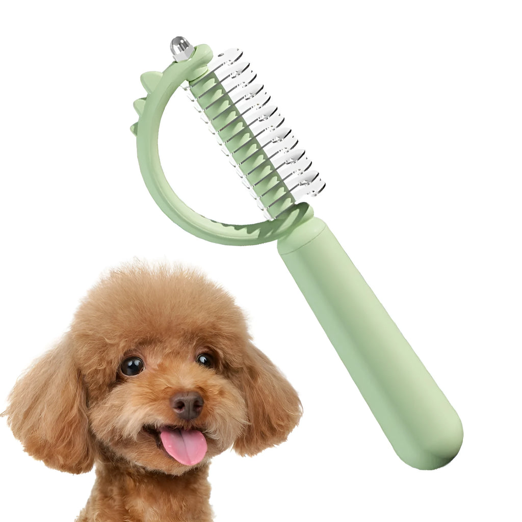 Self-cleaning slicker cat brush with dinosaur shape, double-sided for shedding and dematting, blue green white options