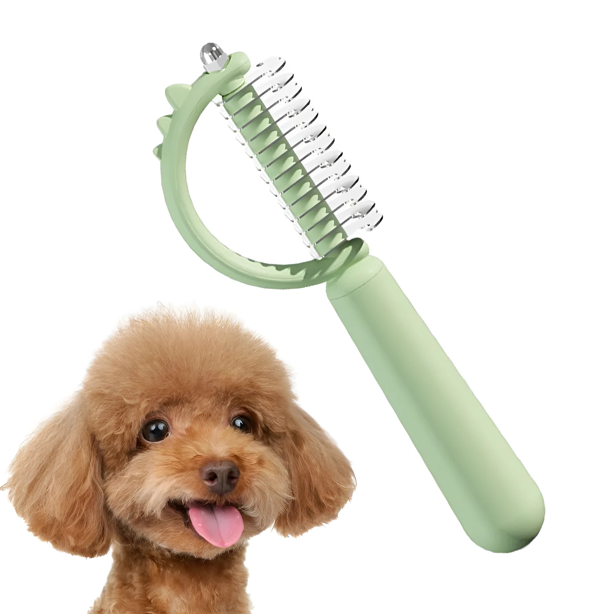 Self-cleaning slicker cat brush with dinosaur shape, double-sided for shedding and dematting, blue green white options
