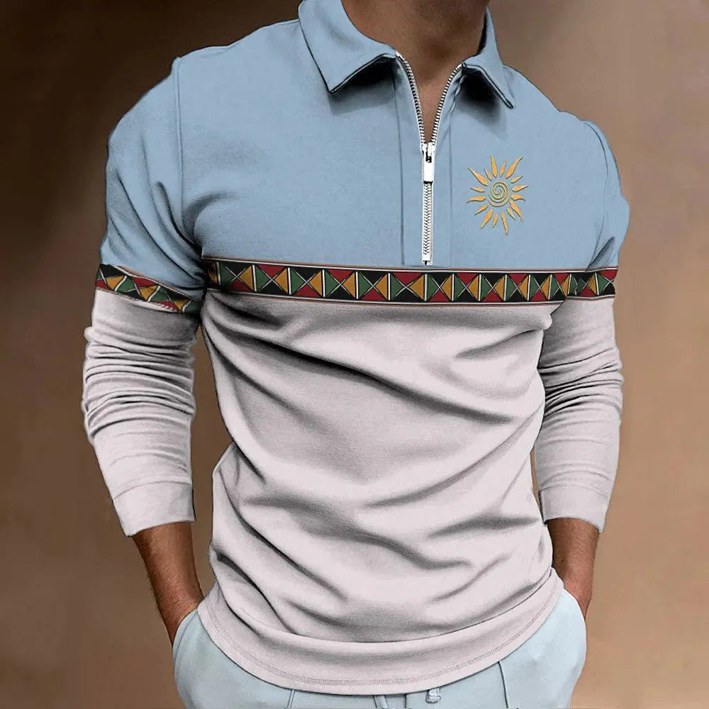 Men's loose fit long sleeve polo shirt with retro colour printing and zip decoration details.