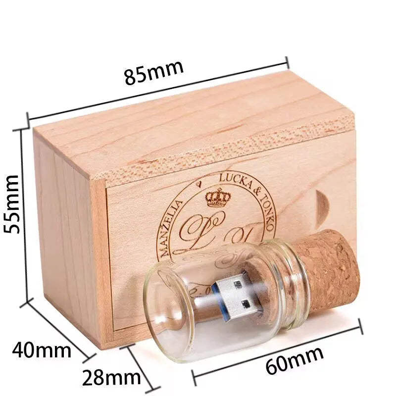 Wooden USB flash drive inside transparent bottle-shaped casing with visible wooden element