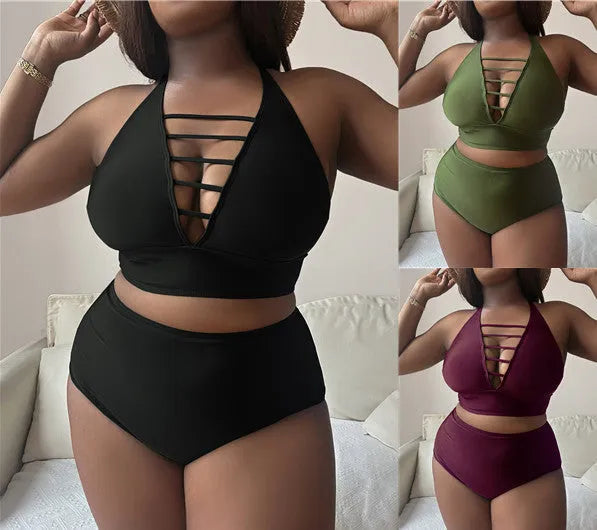 Plus size halter bikini with cross shoulder straps in solid colour polyester fabric