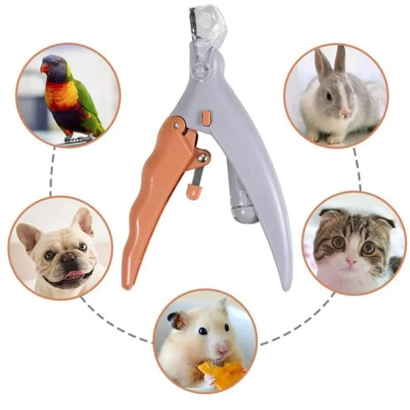Yellow pet nail clipper with built-in LED light and magnifying feature for dogs and cats.