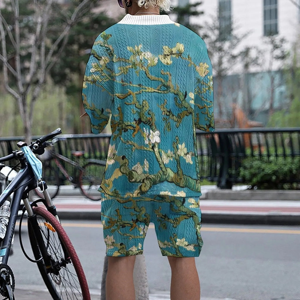 Men's peacock blue knitted shorts casual suit with T-shirt jacket and matching shorts