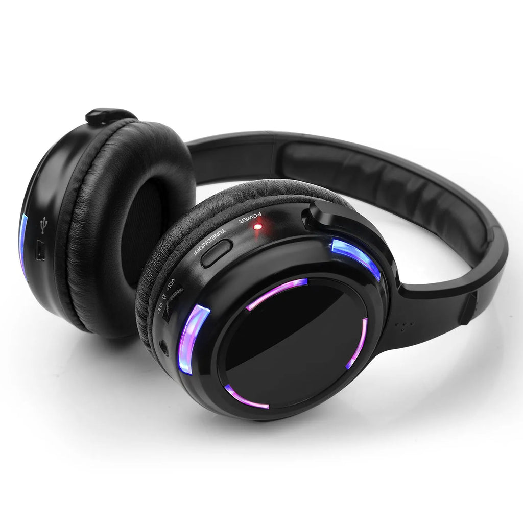 Black silent disco headphones with headband design and 40mm drivers for wireless party events