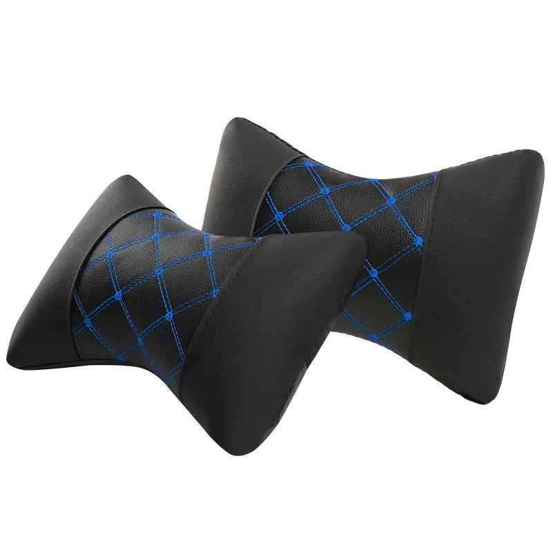 Black leather quilted car headrest cushion with diamond check pattern for cervical neck support