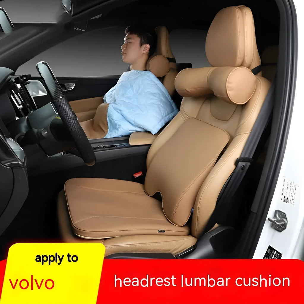 Volvo-style car headrest and lumbar support cushion set in brown colour