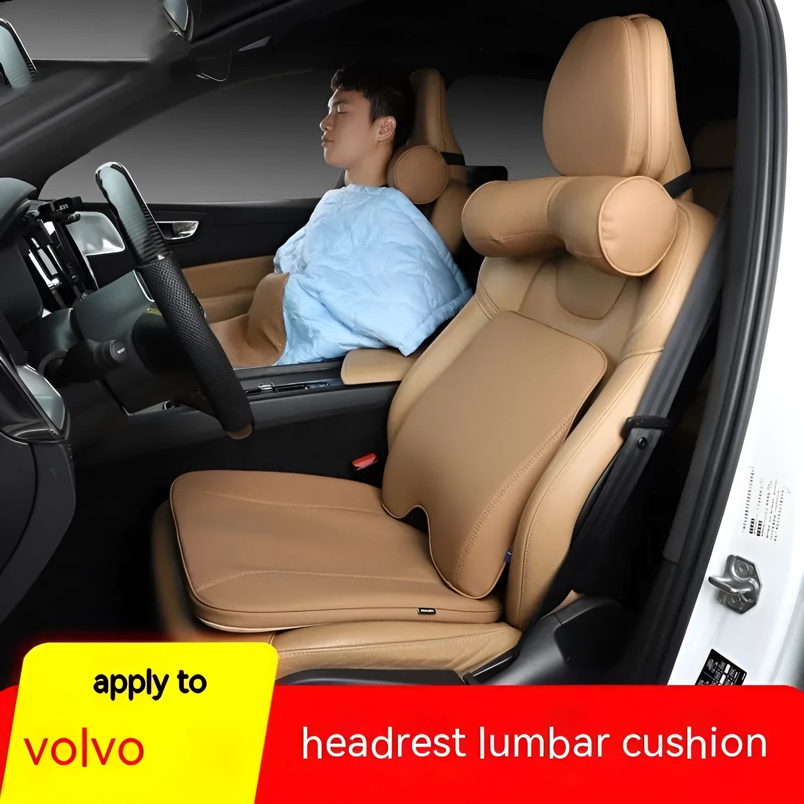 Volvo-style car headrest and lumbar support cushion set in brown colour