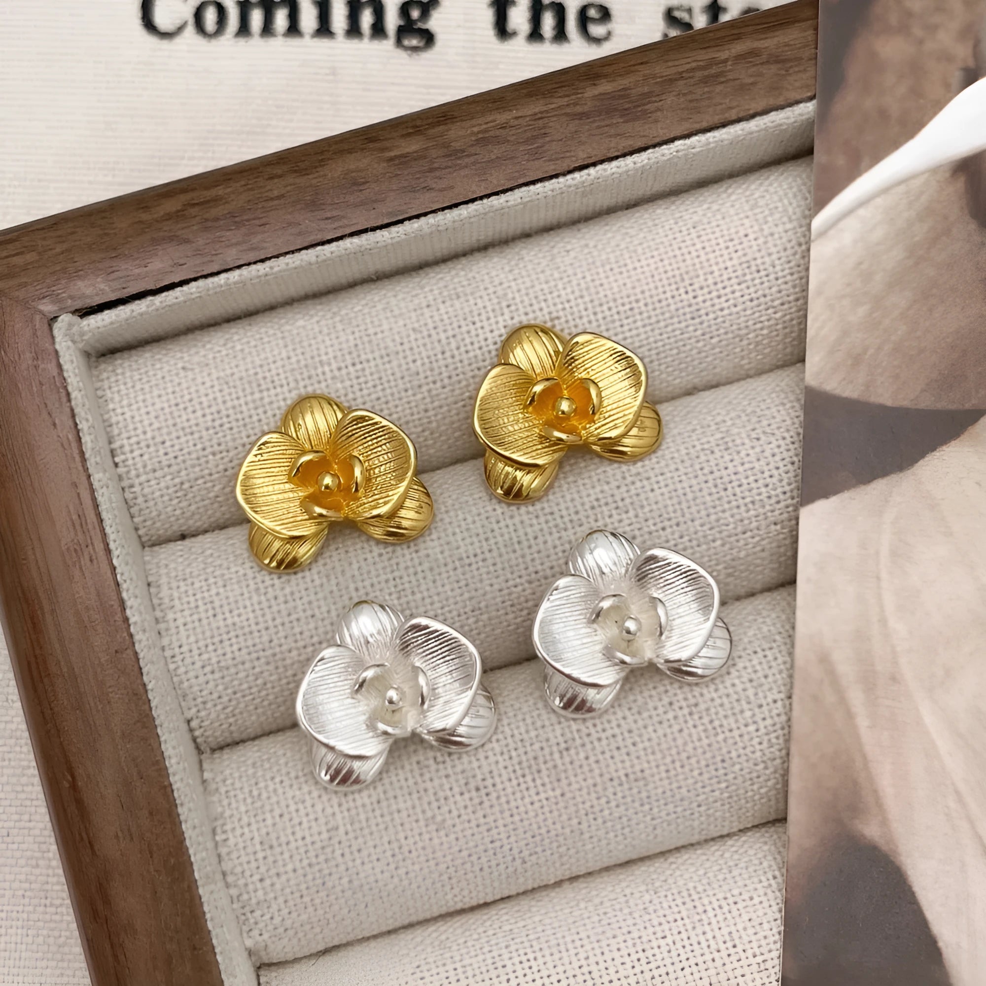 Retro flower earrings for women in gold or silver electroplated copper with petal detailing