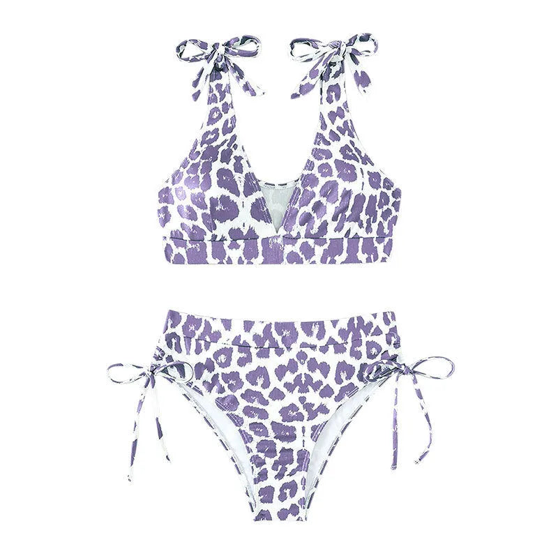 Women's printed lace-up chest cover high waist suit set with sleeveless top and shorts in purple leopard print on white background