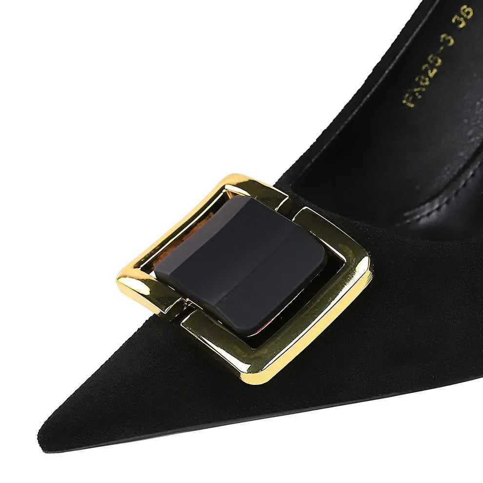 Black suede women's stiletto high heel shoes with a pointed toe and 9cm heel on a white background.