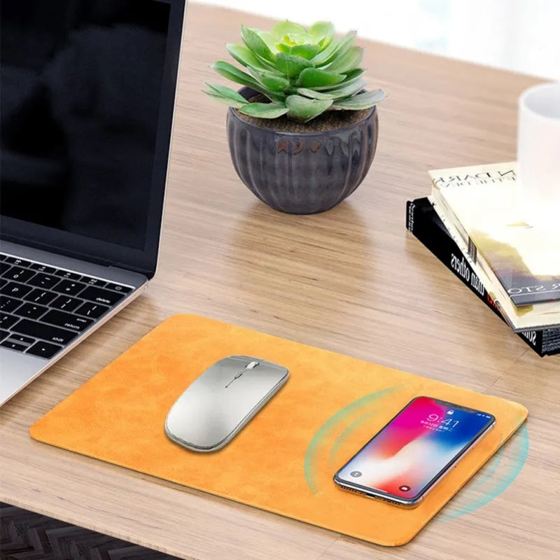 Brown leather wireless charging mouse pad with Micro USB port for device charging