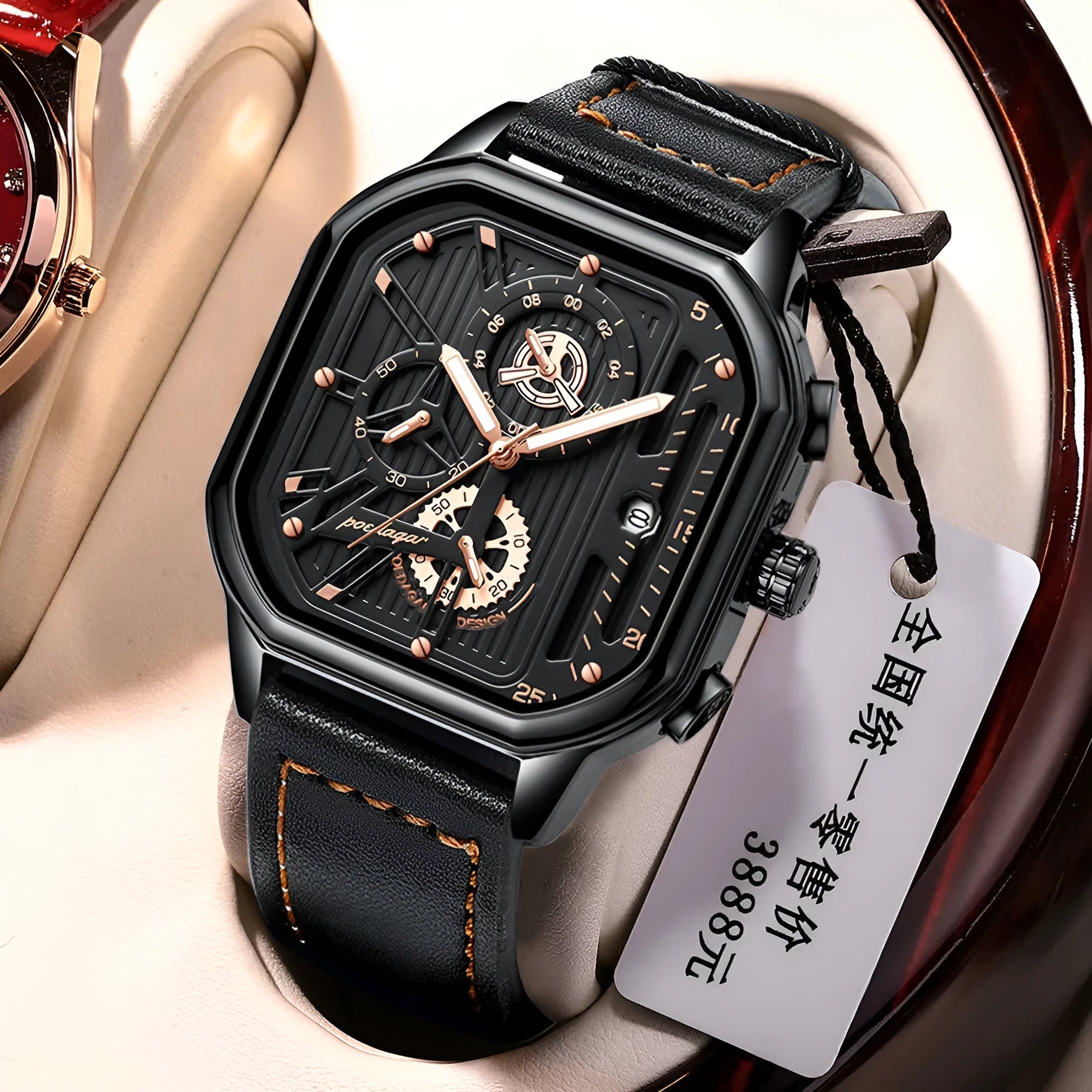 Men's sport quartz watch with leather belt-style band showing 8mm thickness and available colour variations