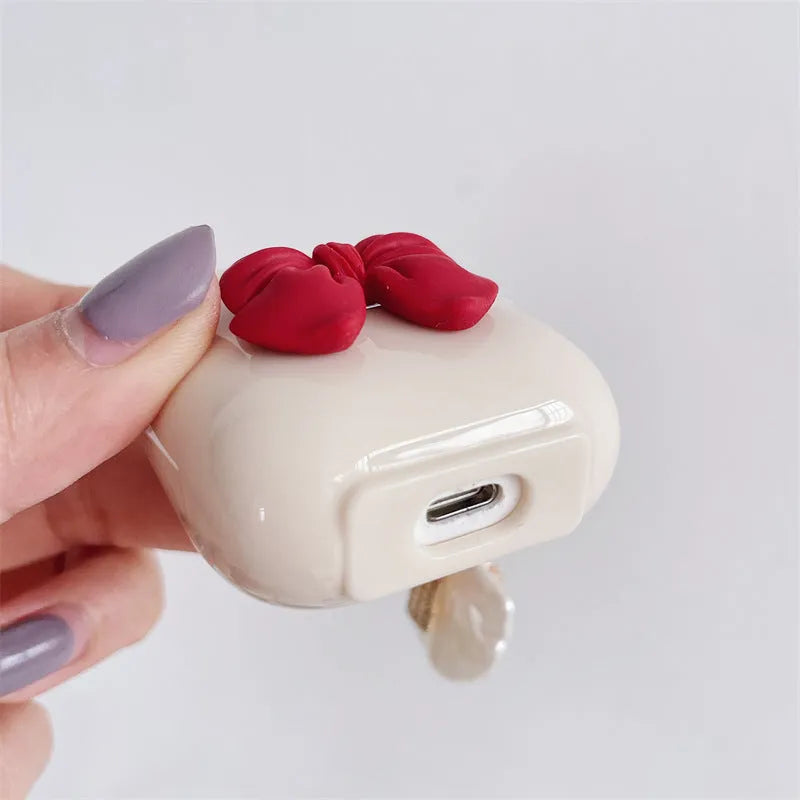 Beige red bow shell TPU clamshell case for AirPods 1, 2, 3 and Pro wireless earphones