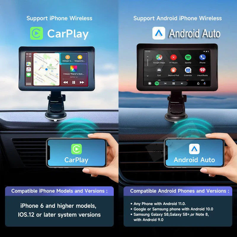 7-inch portable car smart display screen with retractable bracket mount for wireless Carplay projection