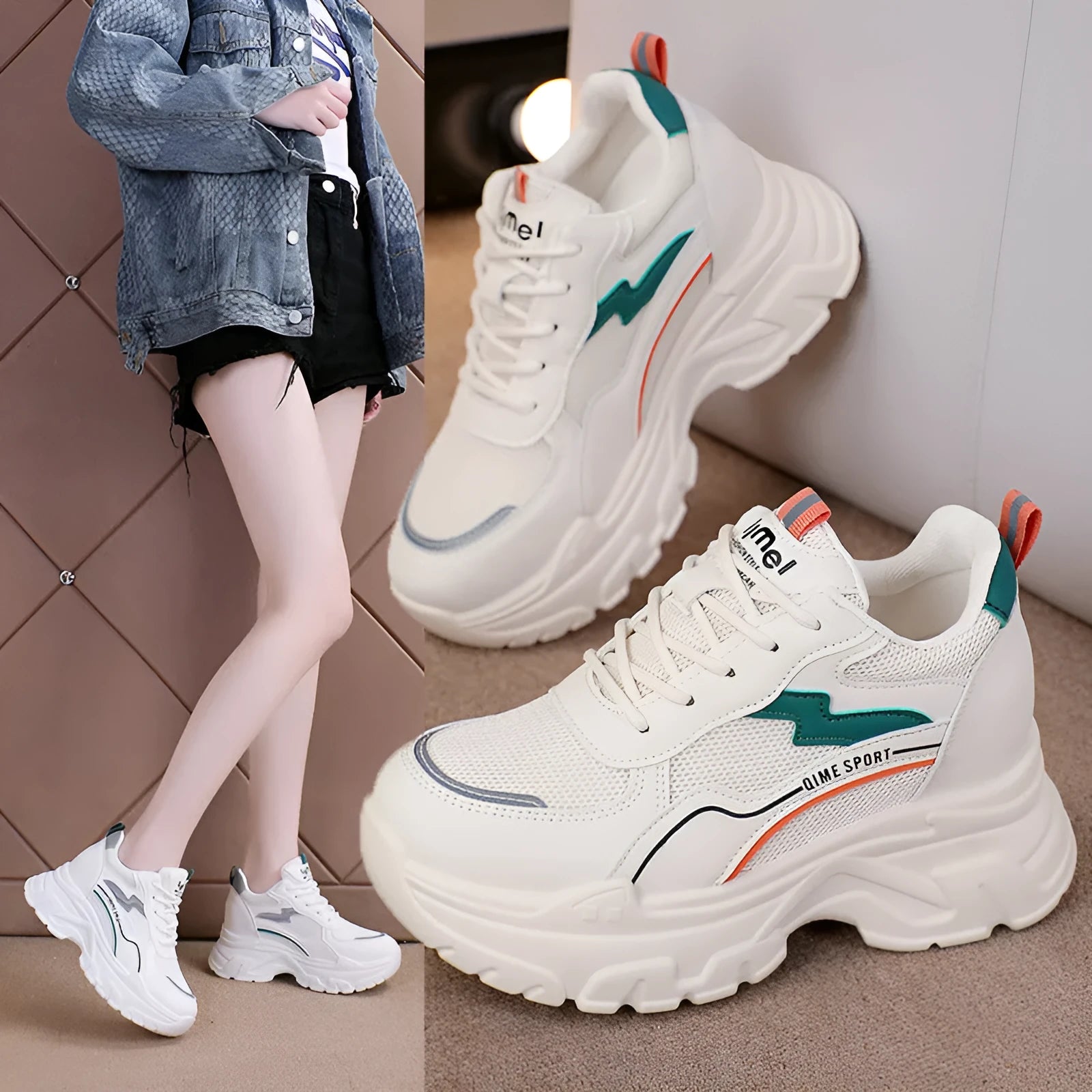 Women's white and beige breathable dad shoes with cross shoulder straps and a lace-up front.