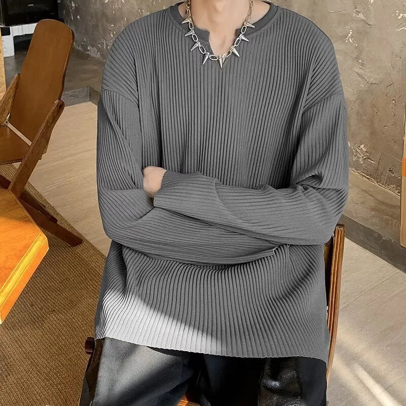 Plus size striped texture draping pullover top in gray, loose fit long sleeve blouse for women