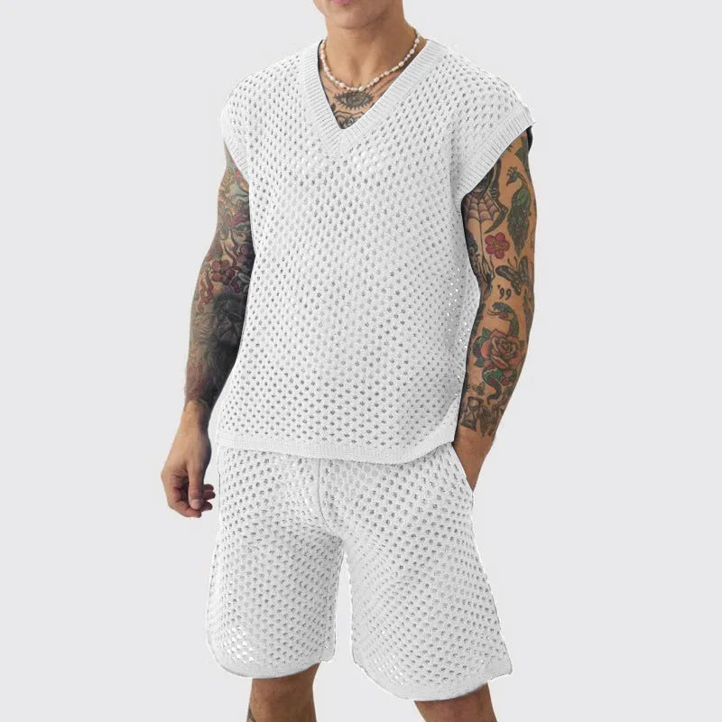 Men's blue cotton V-neck knitted vest and matching shorts set on a white background.