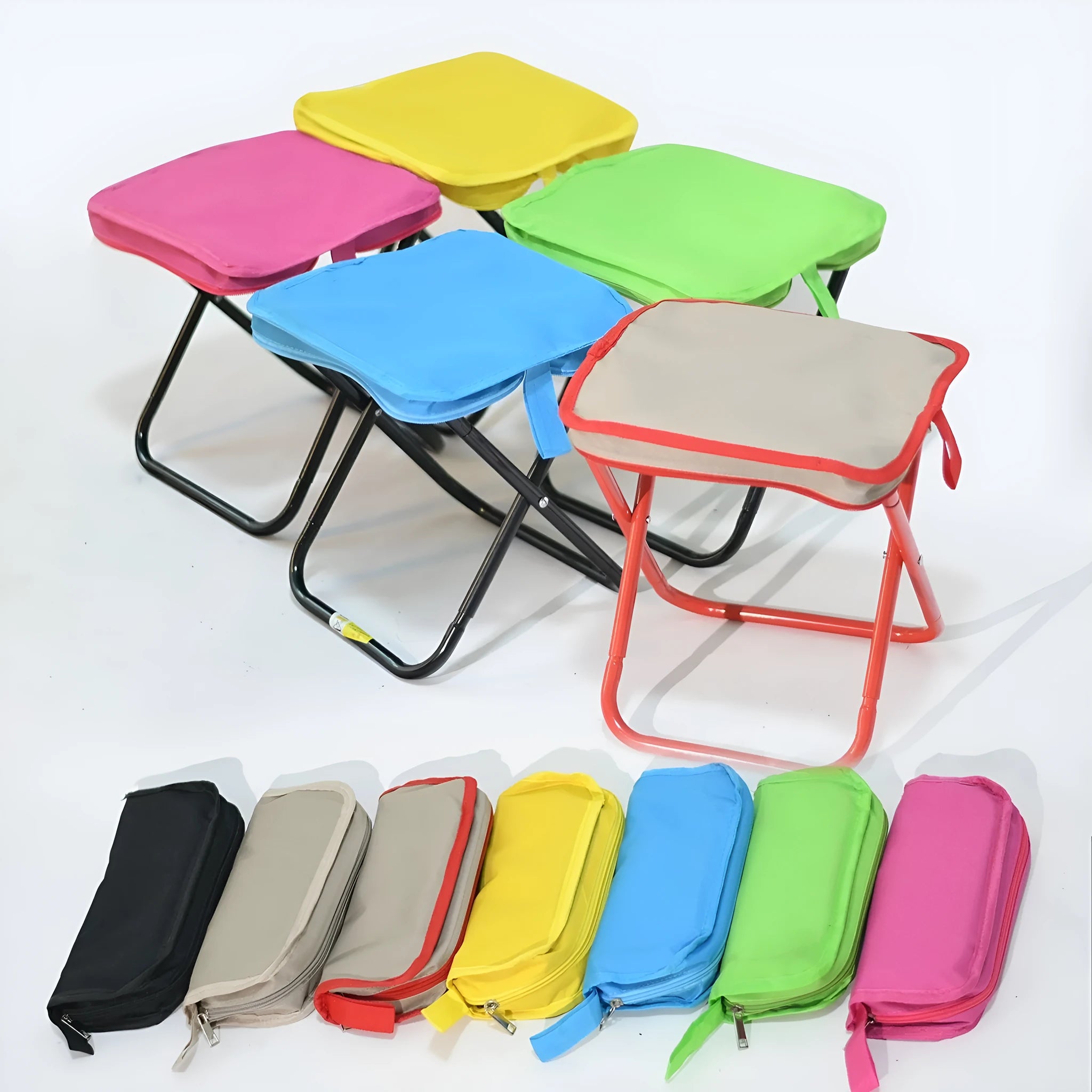Oxford cloth foldable camp chair stool in khaki colour showing pencil box stool design