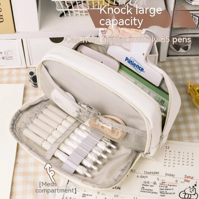 Canvas button pencil case in green colour showing large capacity for approximately 80 pens with Korean style design