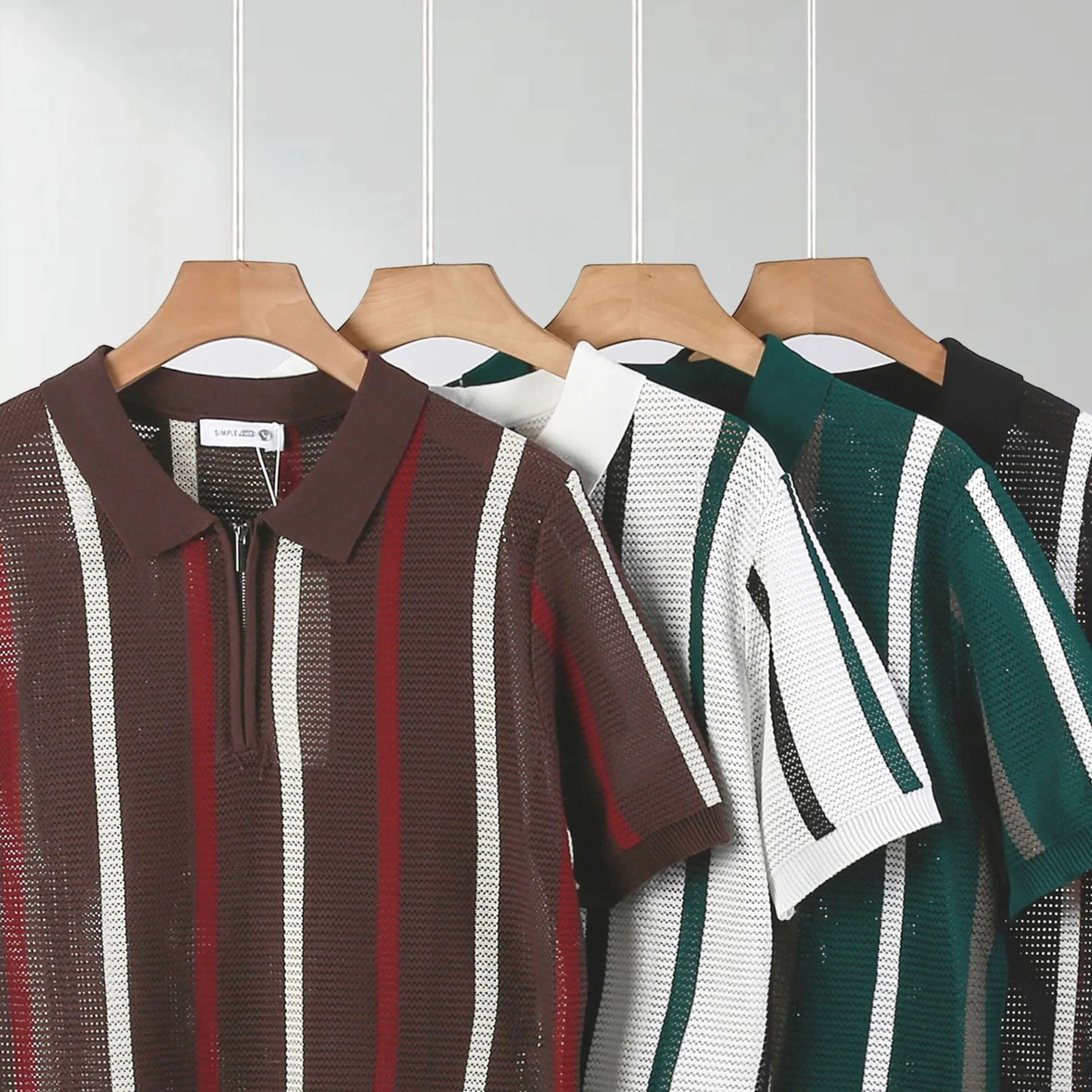 Hollow mesh short-sleeved knitting polo shirt in Ice Silk fabric with zipper decorations, loose fit, available in multiple colours