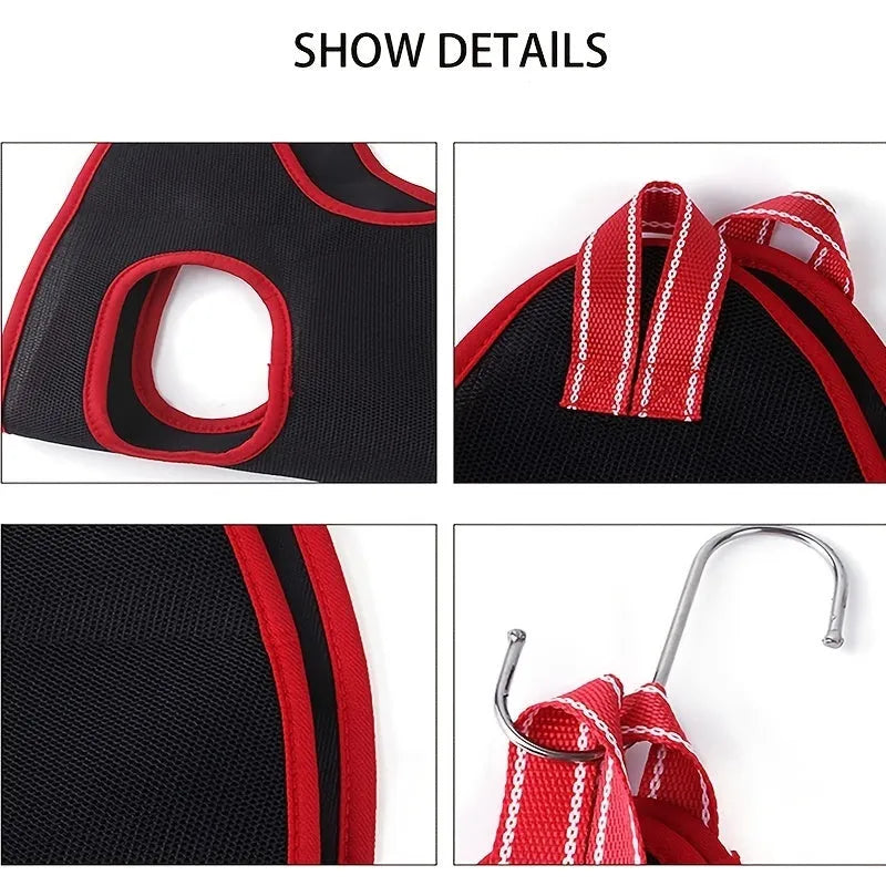 Pet cat and dog grooming hammock restraint bag in a hanging set for nail cutting and bath trimming.