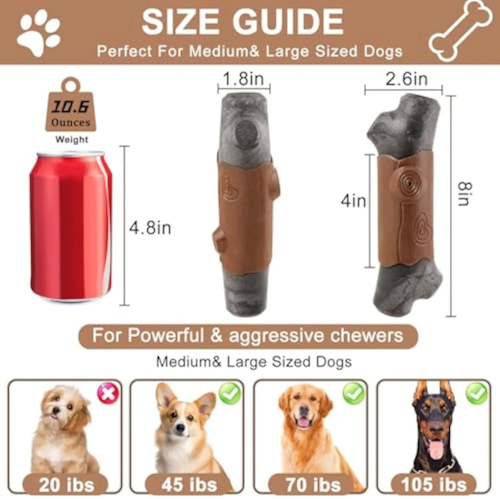 Large branch-shaped nylon dog chew toy for aggressive chewers, bacon-flavoured with a squeaker inside.