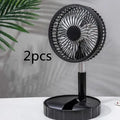 Black telescopic folding portable fan shown extended and folded, with USB charging port