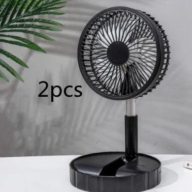 Black telescopic folding portable fan shown extended and folded, with USB charging port