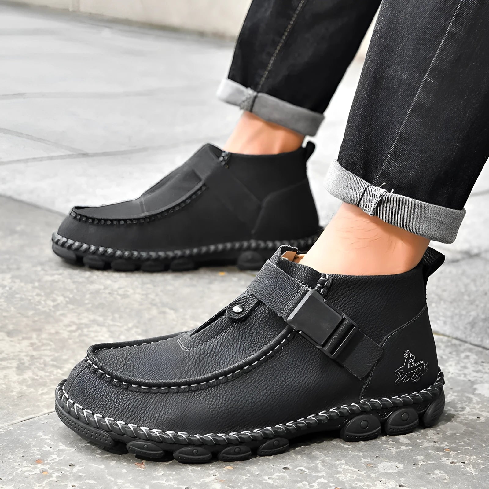 Men's handmade sewn casual slip-on shoes in black synthetic leather with a flat sole
