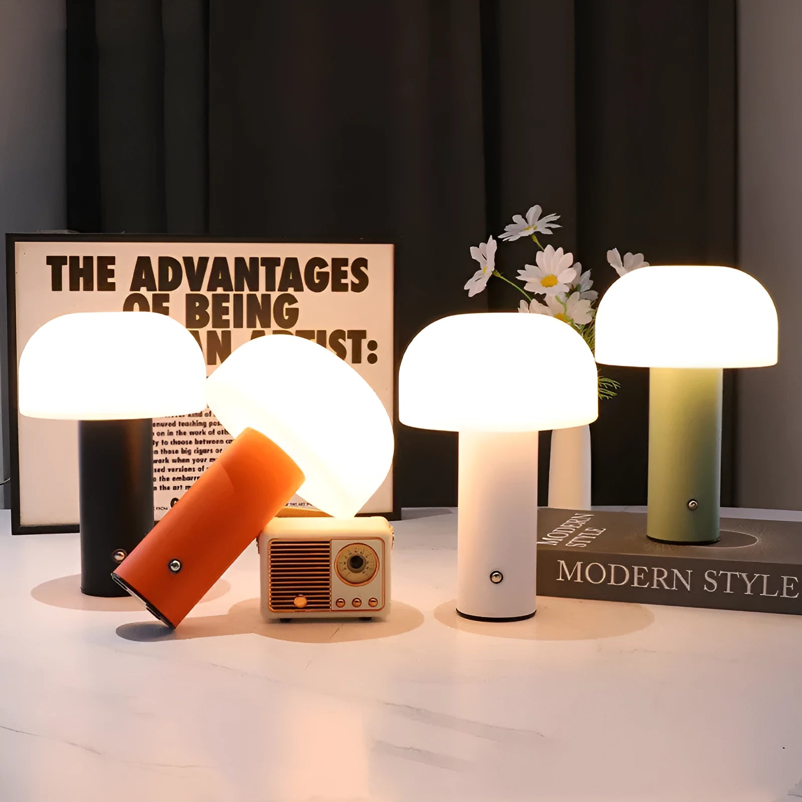 USB-powered plastic table lamp in a choice of white, black, orange, or green colours.