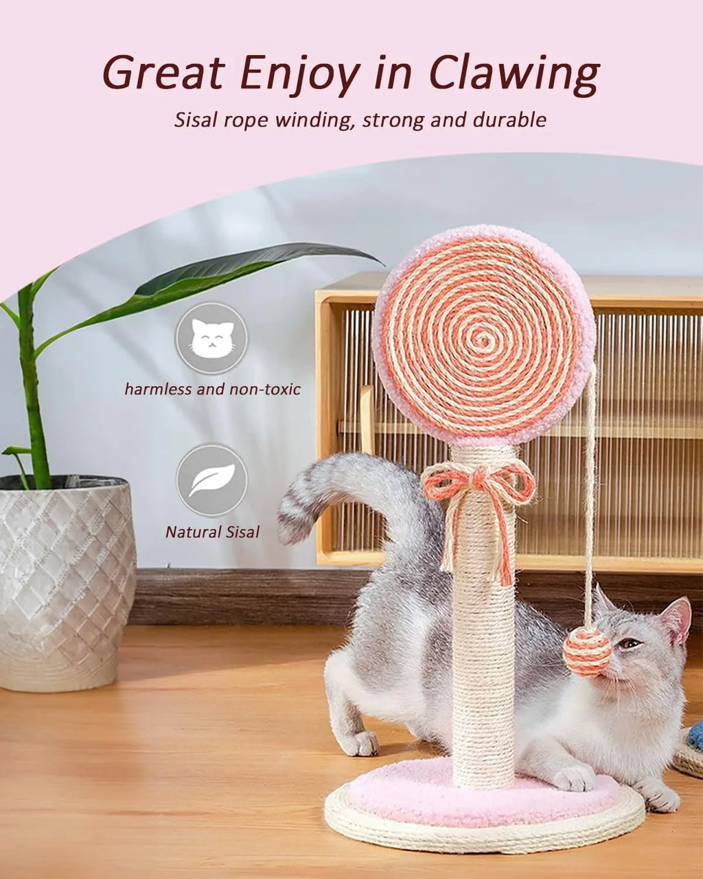 Blue cat scratching post with sisal rope and a hanging yellow ball toy on a sturdy wooden base.