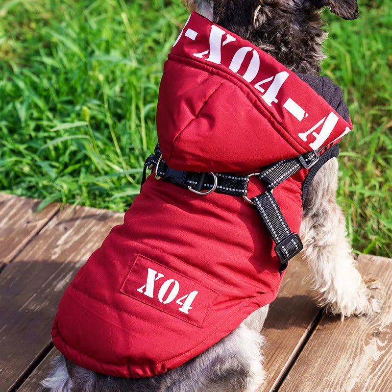 Winter dog clothes fleece-lined thickened waterproof jacket hooded in red for small to large dogs