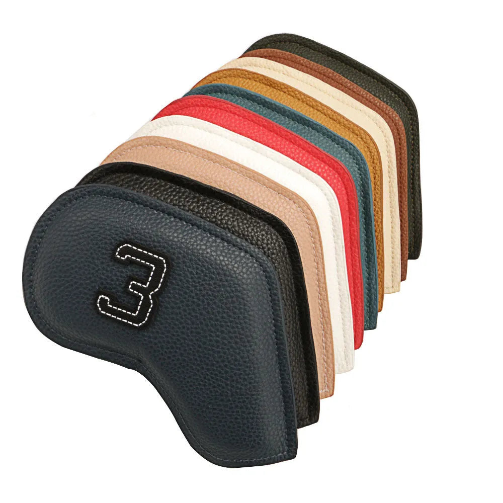 Set of 10 digitally printed PU golf club head covers in various colours