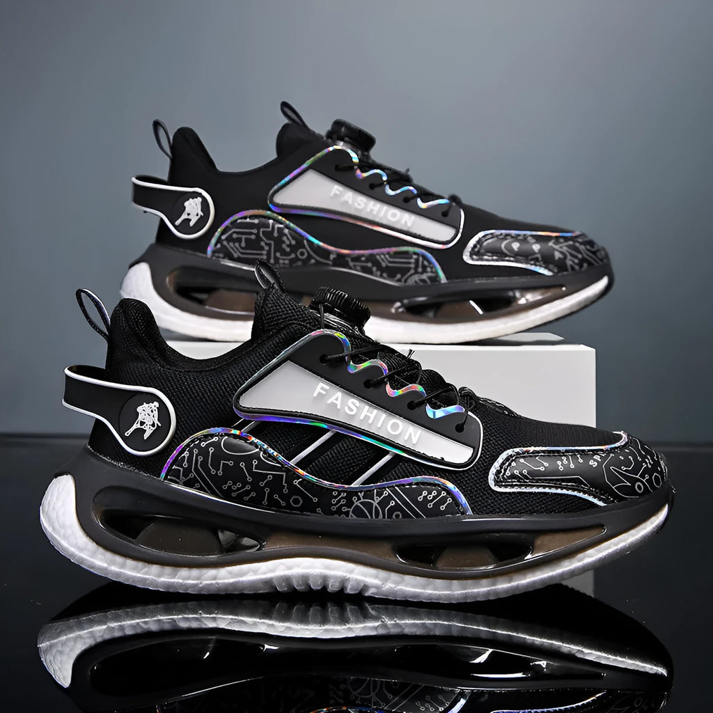 Men's low-top mesh sports shoes in black with an elastic band across the instep and a textured popcorn TPU sole.