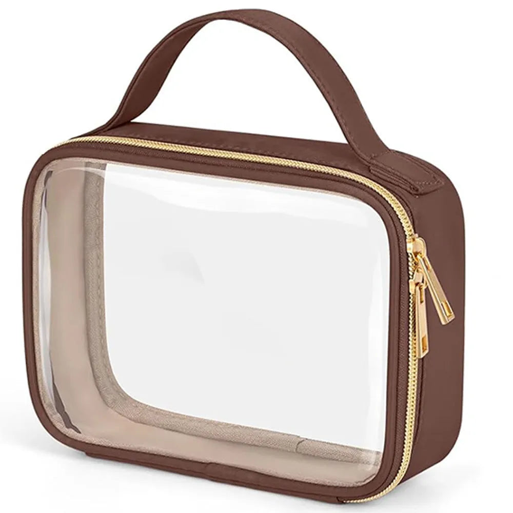 Transparent PVC wash bag with chain handle in multiple colour options showing interior space