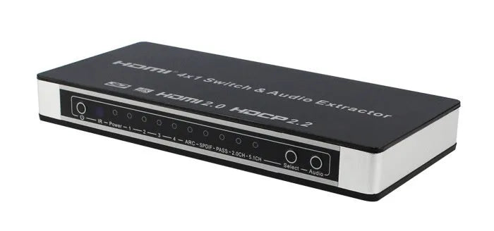 Black HDMI audio switch with four input ports, one output port, remote control, and international power adapters