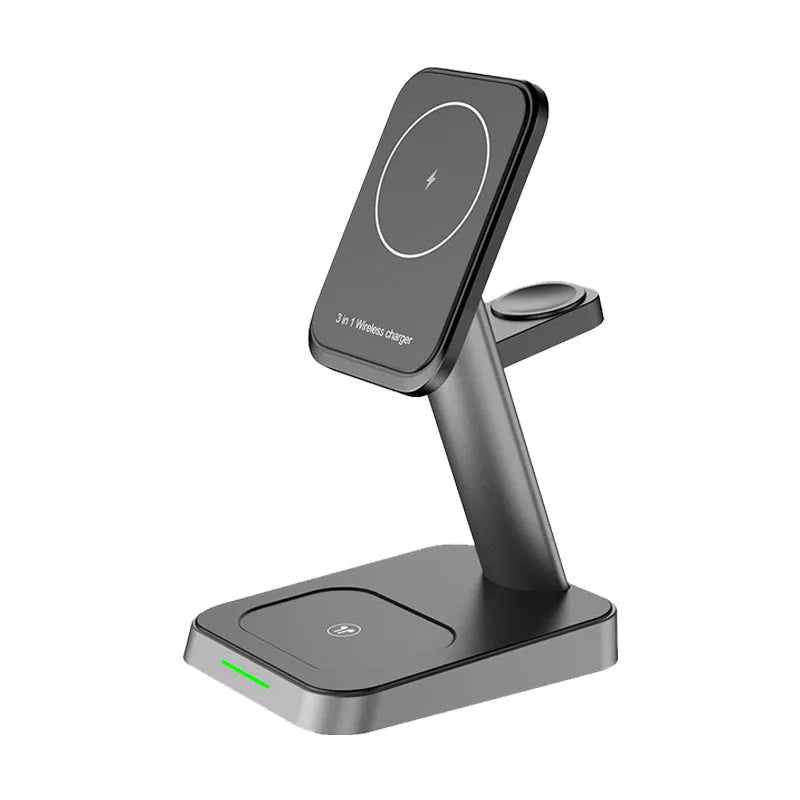 Black cubic vertical wireless phone charger with integrated watch charging and 10000mAh power bank
