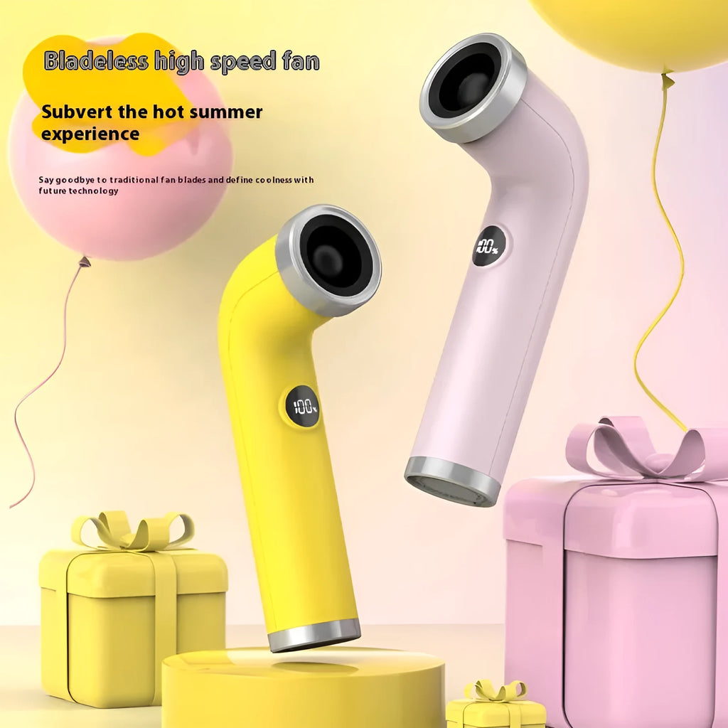 Bladeless turbine personal fan in apricot colour with lithium battery power