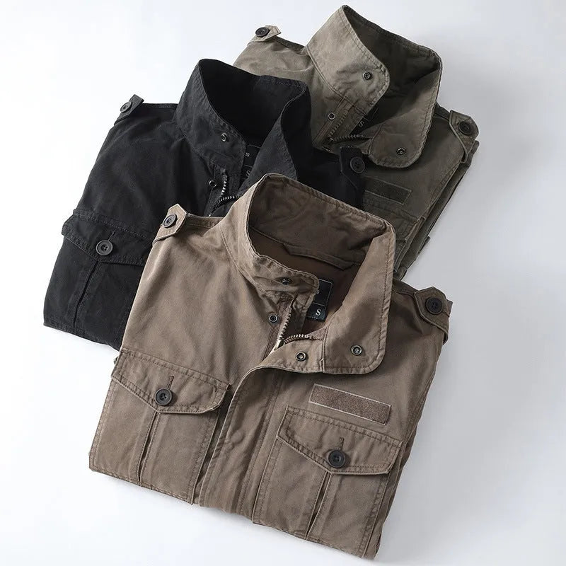 Men's casual retro cotton twill jacket loose fit zip up in light army green colour, front view