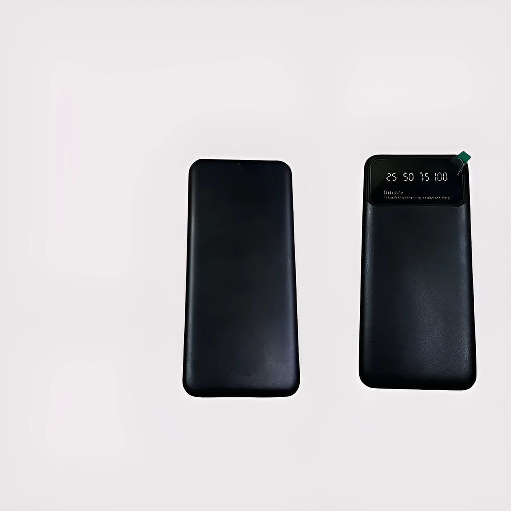 Black ultra-thin 10000mAh power bank with plastic shell on a white background