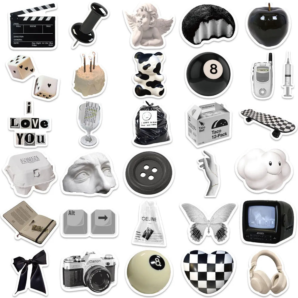 61 black and white PVC waterproof stickers for laptops, phones and multiple surfaces