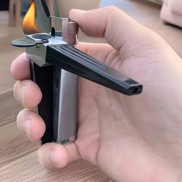 Silver square cover 2-in-1 metal pipe lighter, refillable butane, 9.2 cm long, zinc alloy and ABS construction