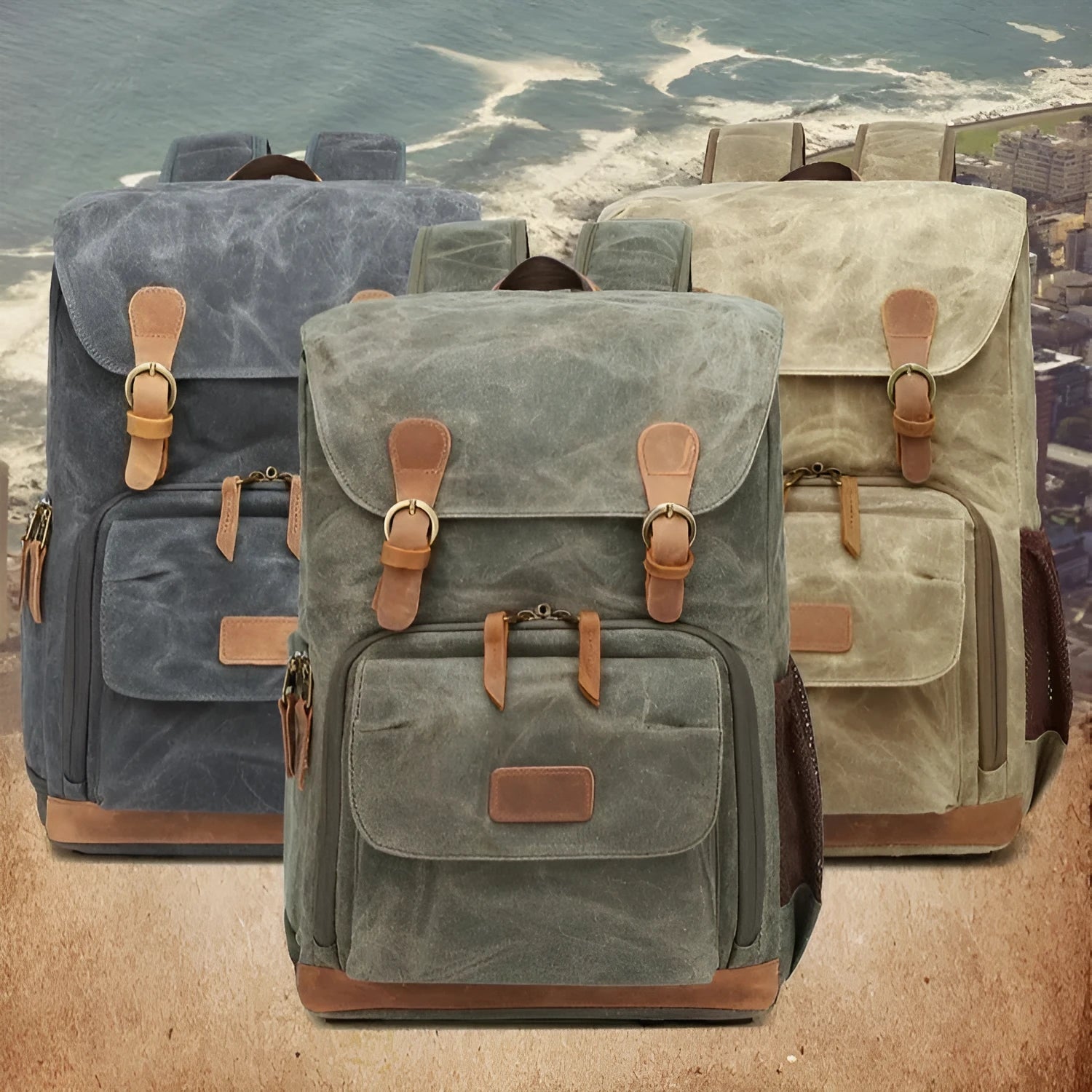 Canvas multi-functional DSLR camera backpack in khaki, waterproof and wear-resistant solid colour design
