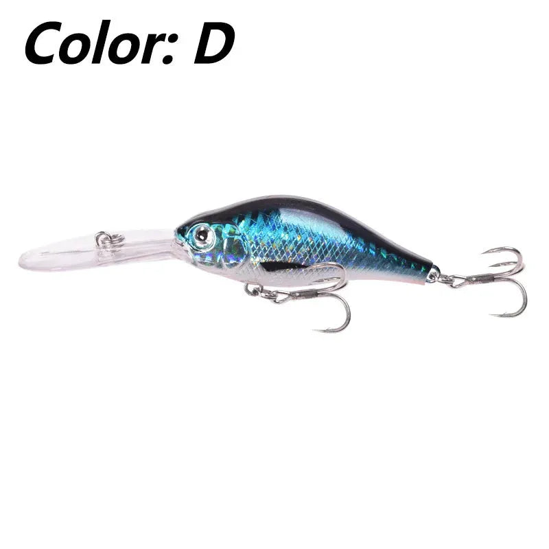 Deep diving fishing lure with long lip, 10.5cm length, in assorted colour patterns