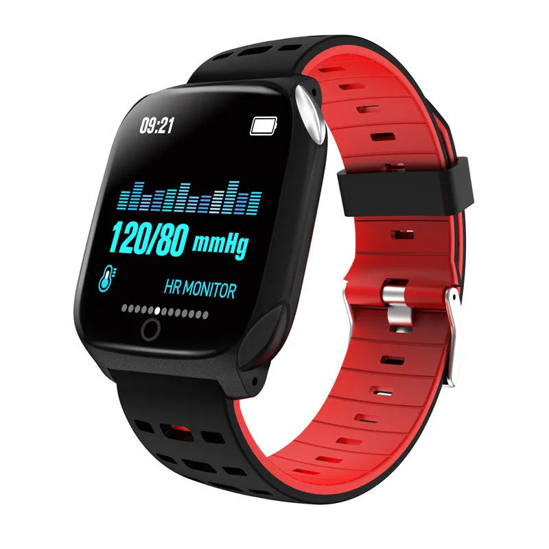 F16 smart watch with ECG monitor showing black green silicone wristband and touch screen display