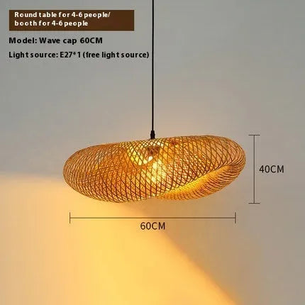 Handmade natural bamboo straw hat-shaped hanging lamp with woven rattan shade.