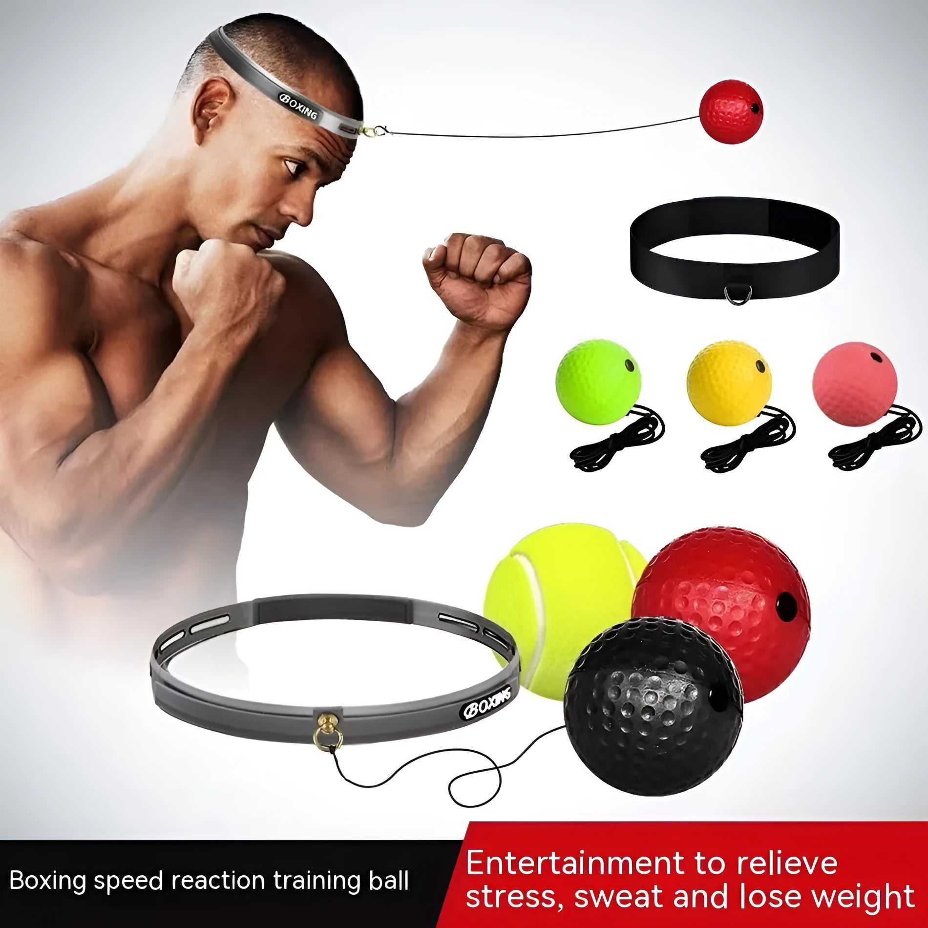 Boxing reaction training kit with headband-mounted balls in various colours including red, black, green, yellow, and fluorescent green options
