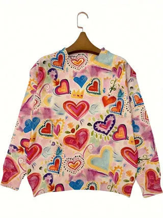 Loose fit digital printed casual top with lapel collar, available in multiple sizes.