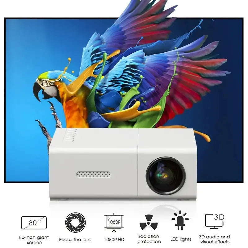 M100 portable mini LED projector in black and white options with remote control and cables