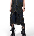 Blue heavy industry hooded denim vest and matching trousers set on a model, showing zippered front and Korean style.
